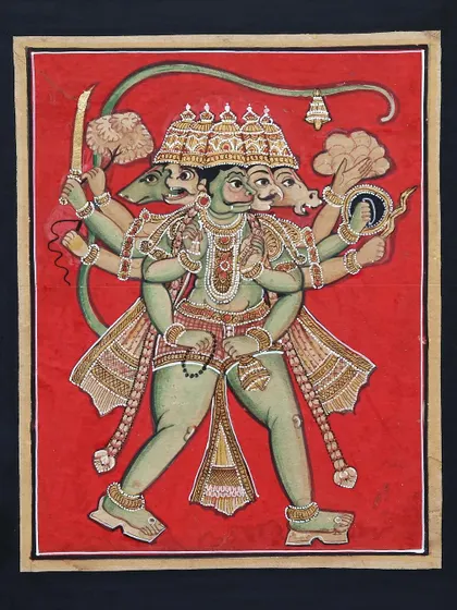 Another depiction of Panchamukhi Anjaneya, with each of his five faces representing his formidable aspects: Hanuman, Narasimha, Garuda, Varaha, and Hayagriva.