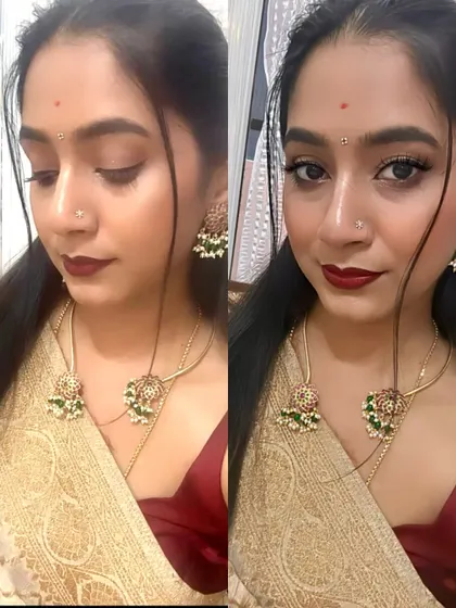 A powerful festive look with a bold red lip and intense eyes, paired with a beautiful traditional saree.