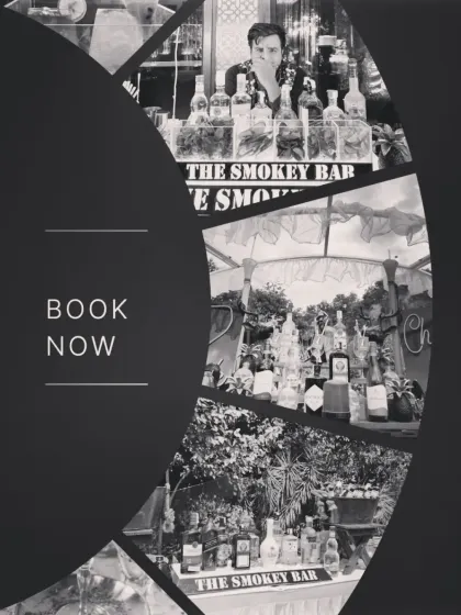 A simple and elegant 'Book Now' graphic featuring a collage of my different bar setups in black and white.