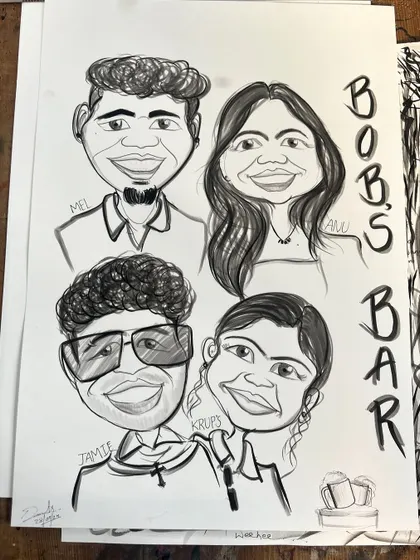 It's always a good time drawing for a fun crowd. This group caricature for the "Bob's Bar" team was a blast to create and shows how I can capture the spirit of any group, big or small.