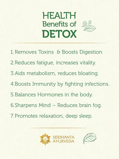 A well-planned Ayurvedic detox offers numerous health benefits beyond weight loss. As this list shows, it removes toxins, boosts digestion and immunity, balances hormones, and even sharpens the mind.