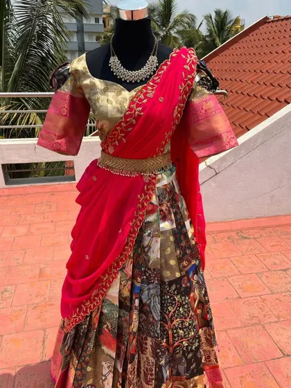 The combination of different prints and textures makes this half saree unique.