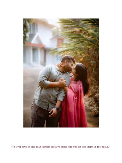 An intimate moment as a couple is about to kiss, with the soft light creating a romantic glow.
