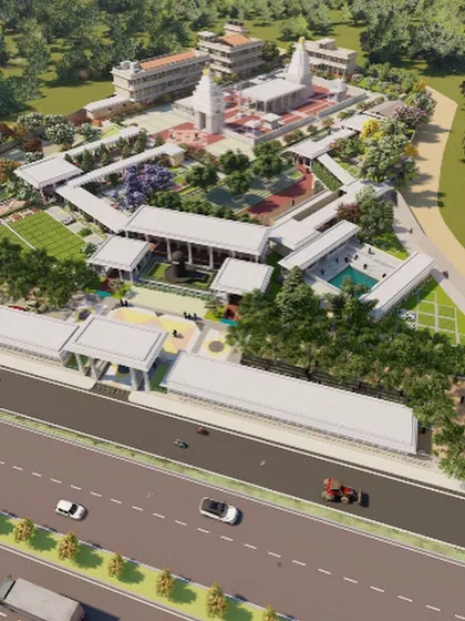 An early-stage master plan render, showing the vision for a green, tree-lined temple complex that integrates seamlessly with its surroundings.