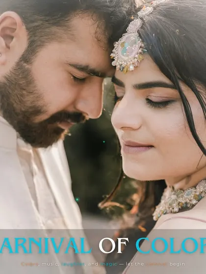 A close-up, artistic portrait from the Haldi ceremony. This image, titled "Carnival of Colors," focuses on the couple's serene expressions and the traditional details of their attire.