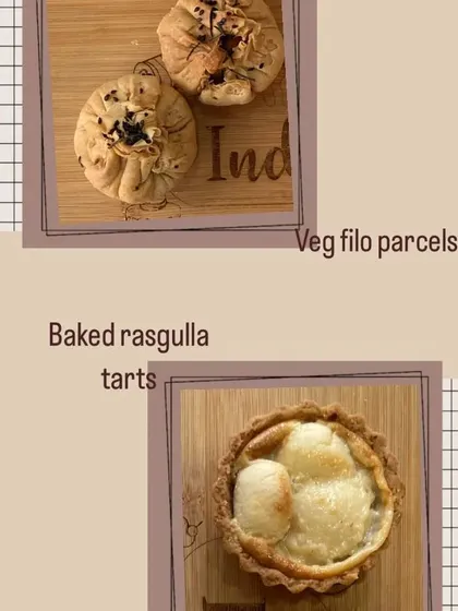 A look at two of my popular snacks: the savoury veg filo parcels and the sweet baked rasgulla tarts. It's always fun to offer a little something for every craving.