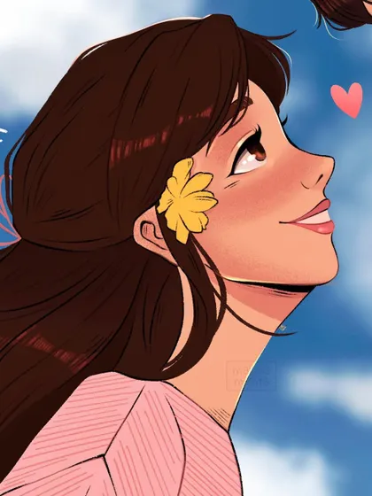 A close-up of the female character from my 'Young Love' piece. I focused on her happy, upward gaze and the soft flower in her hair to emphasize the feeling of being smitten.