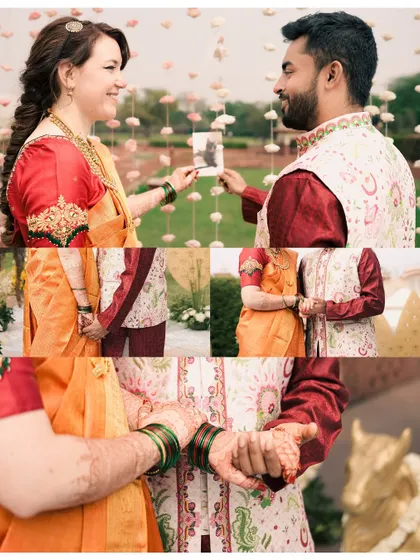 A collage focusing on the couple's hands and their interaction with a photograph, telling a story of shared memories and a connected future.