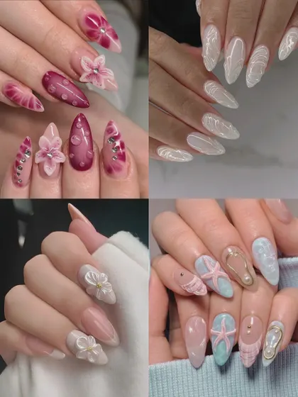 This collage displays the variety of 3D nail art styles taught in our masterclass. From delicate flowers and seashells to intricate patterns, students learn to sculpt and create wearable art.