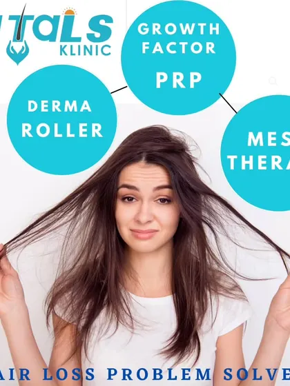We offer a multi-faceted approach to solving hair loss problems. This graphic highlights some of our key non-surgical solutions, including Growth Factor PRP, Mesotherapy, and the use of a derma roller to stimulate the scalp and enhance treatment efficacy.