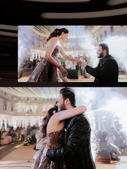 A surprise proposal during the Sangeet. We are always ready to capture unexpected, emotional moments like this, with pyrotechnics adding to the drama.