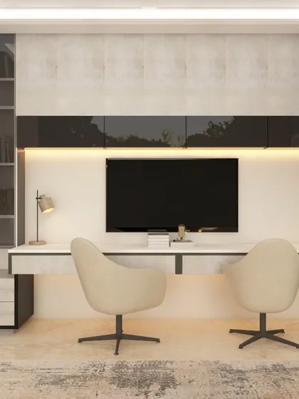A sleek and modern study area with a floating desk and overhead cabinets. The design uses a sophisticated black and white color palette with concrete-textured panels, creating a focused and stylish workspace for two.