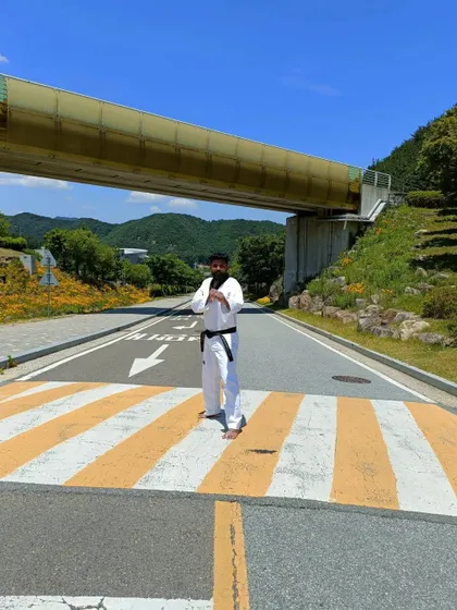 On a crosswalk in Muju, ready for the next training session.