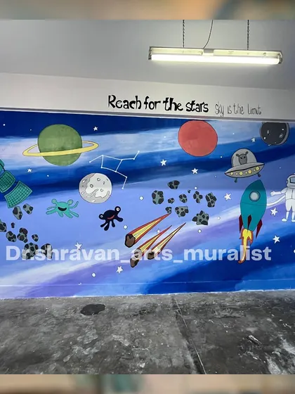 When she asks for space, I paint the entire wall. This outer space-themed mural is filled with planets, rockets, and aliens, encouraging kids to reach for the stars.