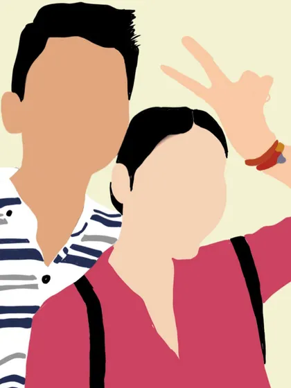 A cute and casual faceless portrait of a couple, perfect for a fun memory.