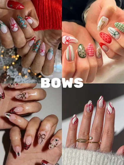 December Nails Inspo, all about "Bows." This collection of images showcases how cute, hand-painted bows can add a festive and feminine touch to your holiday nails.
