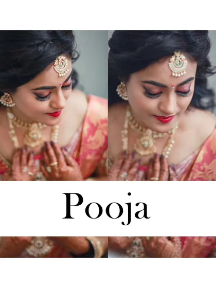 A collage of the bride's close-up portraits, her hands in a prayer position, capturing her serene and devotional mood.