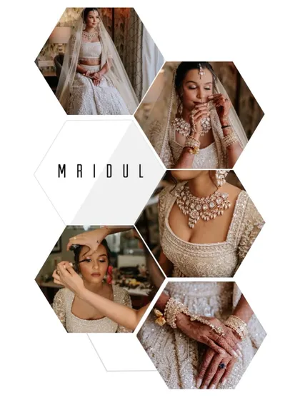 A collage dedicated to the bride's getting-ready process. It highlights the intricate details of her jewelry, makeup, and stunning white lehenga.