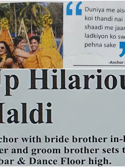 A newspaper clipping featuring a quote from me about winter weddings, from the 'Up Hilarious Haldi' event.