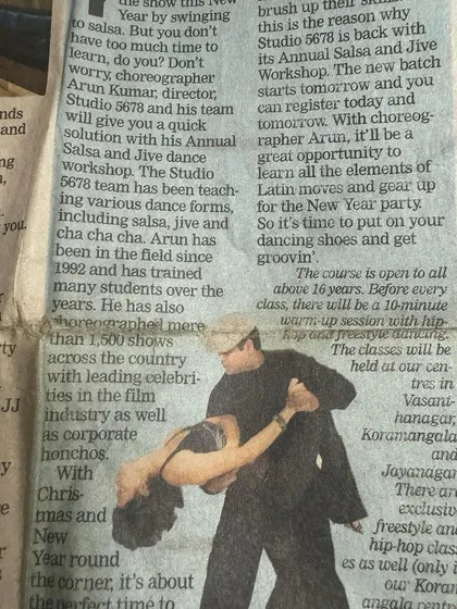 This clipping talks about gearing up for New Year's parties with my guru's dance classes. He made dance accessible and fun for everyone.