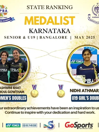 Ashwini Bhat, Shikha Gowtham, and Nidhi Athmaram celebrating their wins at the Karnataka Senior & U19 State Ranking.