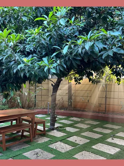 A serene seating area under a beautiful Chikoo tree. We designed the paved area with grass inserts to create a natural checkerboard pattern, making it a perfect spot for quiet contemplation or family gatherings.
