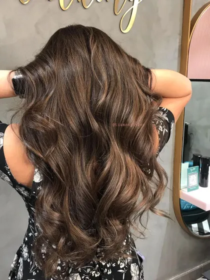 The hair of the day. This balayage has incredible volume, shine, and dimension, creating a truly stunning final look.