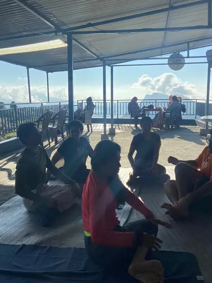 A group of us practicing together on a terrace in Nepal, a perfect start to the day.