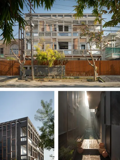 Another collage from the Habitus Living feature, showing the exterior of the Urban Oasis. The article highlights the home's strong, almost industrial statement.