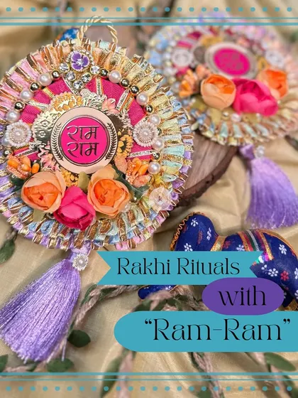 Our floral "Ram Ram" signs are a beautiful and delicate option for your Rakhi rituals. This design features pastel flowers and purple tassels.