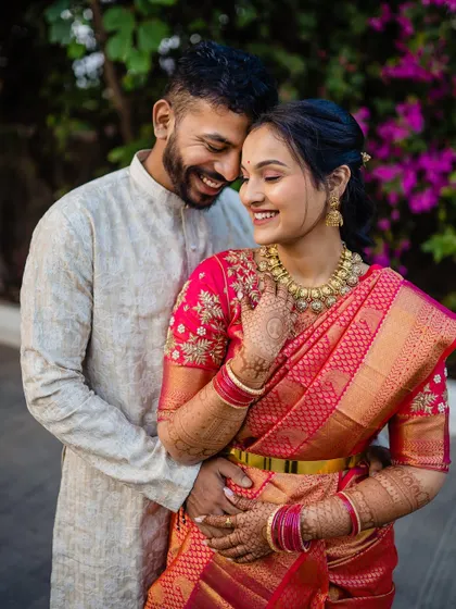 The pure happiness of being together. Devika and Laukik share a joyful, candid laugh during their engagement shoot.
