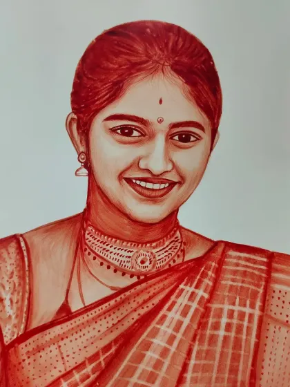 A close-up of a finished blood portrait, showcasing the warm tones and detailed shading I achieve using this unconventional medium.