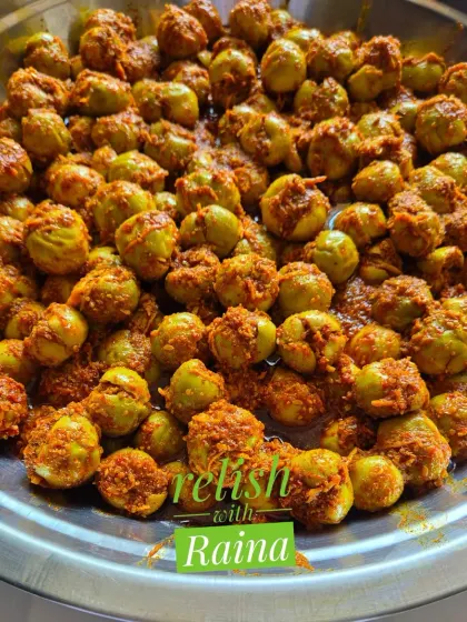 A closer look at the stuffed gunda, showing the tangy masala filling. This pickle is a summer specialty that I make as soon as I get my hands on good quality, big-sized gunda.
