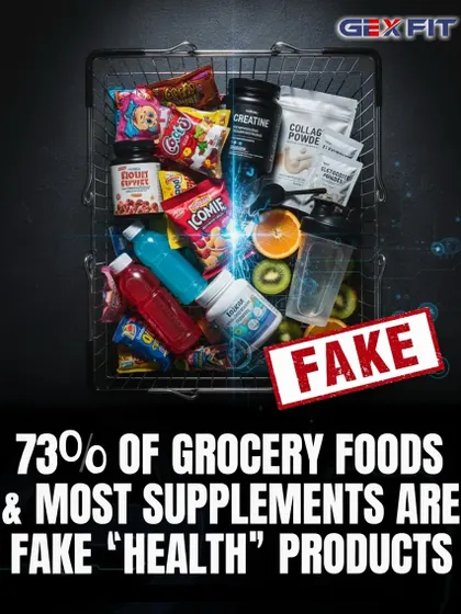 This graphic reveals a hard truth: 73% of grocery foods and most supplements are fake "health" products filled with sugars and fillers. I educate my clients on the importance of clean fuel for real performance and recovery.