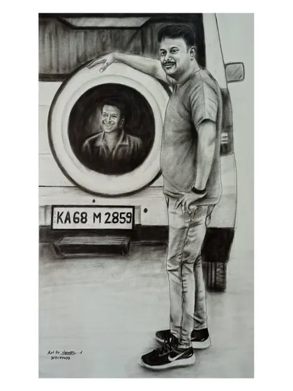 A creative charcoal portrait featuring a man standing by his vehicle, with a second portrait of him reflected in the spare tire cover.
