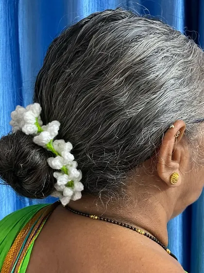 Another view of my Aaji wearing the crochet jasmine gajra. It sits perfectly around her hair bun, just like a traditional one.