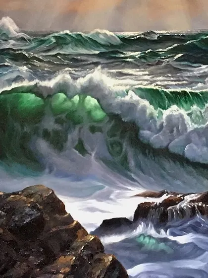 A closer look at one of my oil on canvas seascapes. I focused on capturing the translucent quality of the wave as the light shines through it, contrasting with the dark, solid rocks.