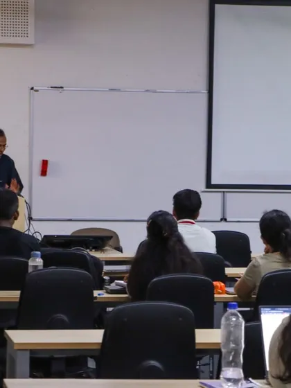 Presenting my work on a projector during a session at IIIT Delhi. I use my past projects, including my "Sita" series, to explain concepts of character design and visual storytelling to the students.