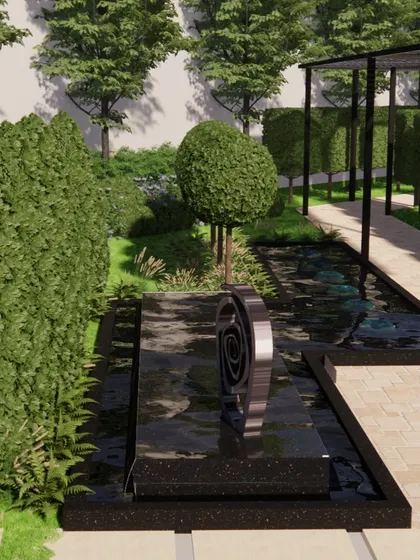 A close-up of a modern water feature with a spiral sculpture, set within a formal garden. The dark, reflective water contrasts with the lush green hedges and manicured trees, adding a touch of sophisticated drama.