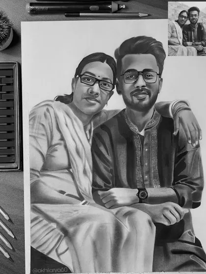 A heartfelt portrait of a mother and son, drawn with graphite on A3 paper. The black and white format adds a sense of warmth and nostalgia to the moment.
