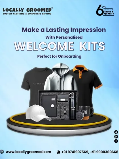 A promotional graphic displaying a complete personalized welcome kit. It includes a t-shirt, hoodie, polo, cap, and various accessories like a notebook, pen, and mug, illustrating the full range of possibilities for onboarding.