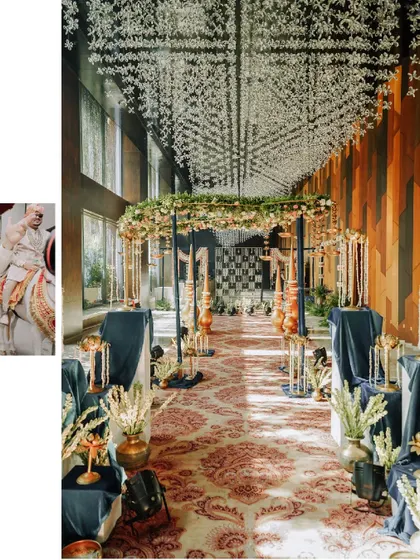 A focus on the stunning wedding decor, with an inset of the groom arriving on a horse. This highlights the grandeur and detailed planning of the celebration.