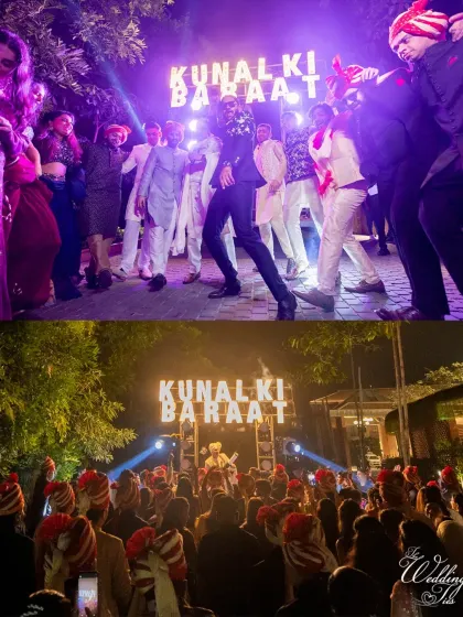 The entire baraat in full swing, a high-energy celebration with the groom leading the charge.
