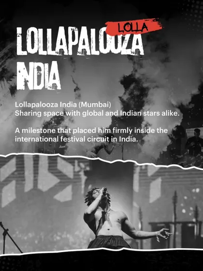 This graphic details Hanumankind's milestone performance at Lollapalooza India, placing him among global stars.