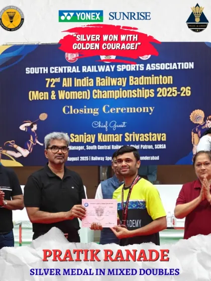 Pratik Ranade shows his grit, winning a silver medal in Mixed Doubles at the All India Railway Badminton Championship despite battling injury and fever. This is the champion's spirit we build.