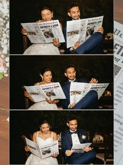 A fun and creative collage of the Catholic bride and groom reading a personalized wedding newspaper. This shows the unique details I love to capture.