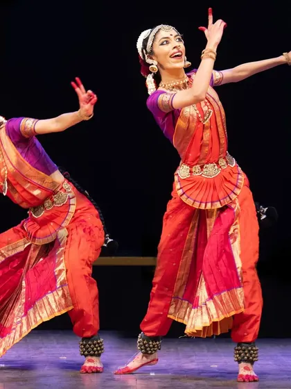 A composite photograph capturing the dynamic and playful movements of the gopas. This highlights the nritta or pure dance elements within the 'Abhilasha' production.