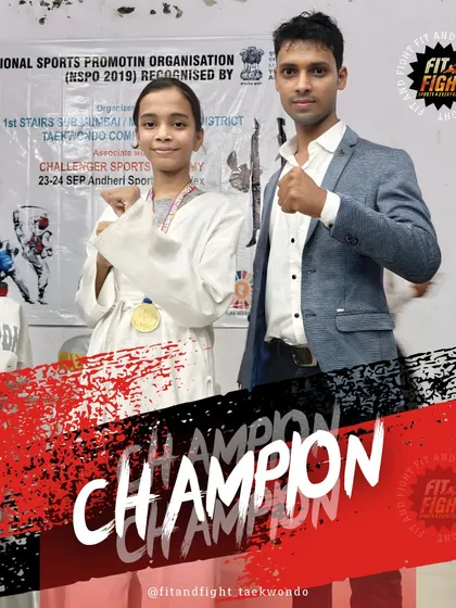Yashashree Ghadshi, a gold medalist in Kyorugi, stands with her coach. Her victory is a result of consistent training and a warrior spirit.