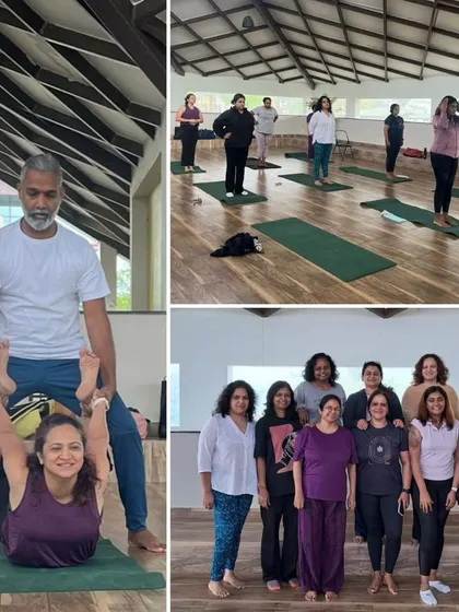 A collage showing our yoga master assisting a guest in Dhanurasana (Bow Pose) and a group photo of happy participants. It highlights the personalized attention and community feel of our classes.
