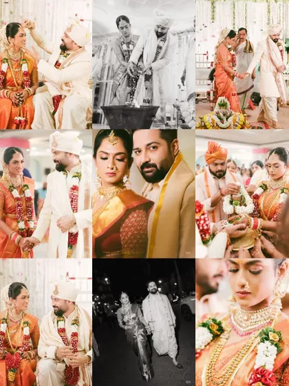 A comprehensive collage telling the story of a beautiful cross-cultural wedding, blending Punjabi and South Indian traditions.